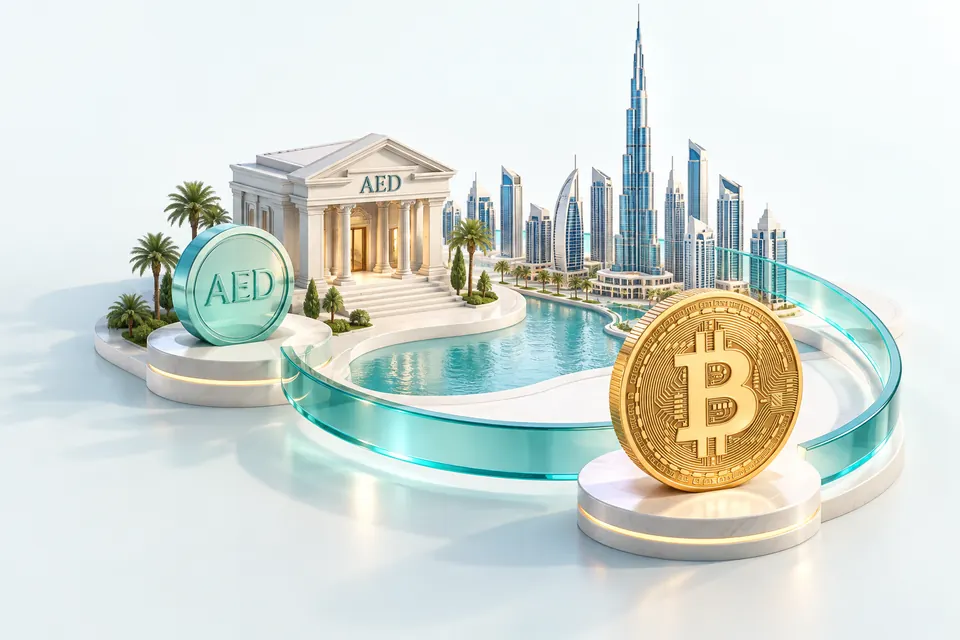 نمای مفهومی تبدیل BTC به AED در حساب بانکی