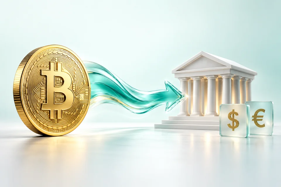تصویر مفهومی تبدیل بیت کوین BTC به حواله و موجودی حساب بانکی