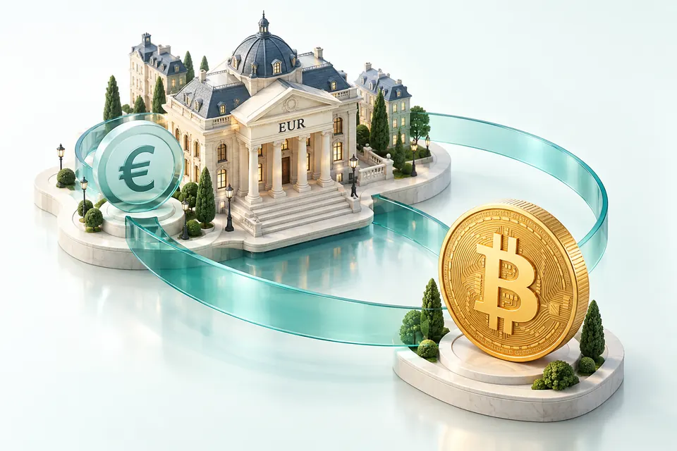 نمای مفهومی تبدیل BTC به EUR در حساب بانکی
