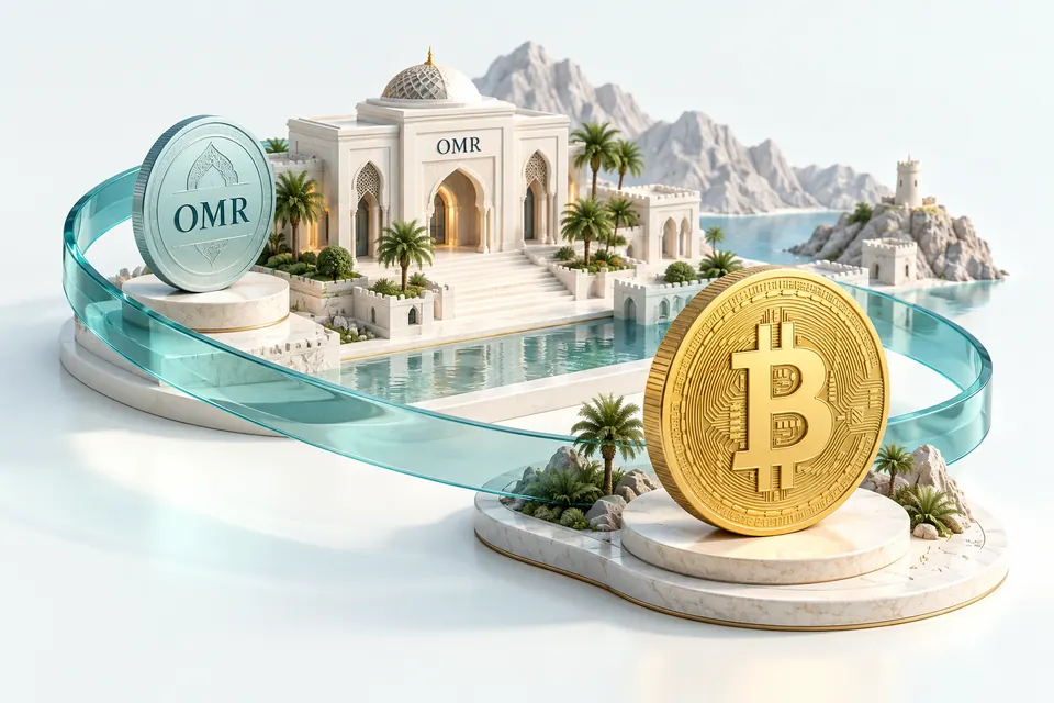 نمای مفهومی تبدیل BTC به OMR در حساب بانکی