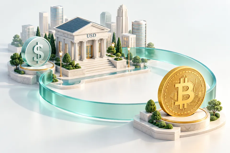 نمای مفهومی تبدیل BTC به USD در حساب بانکی