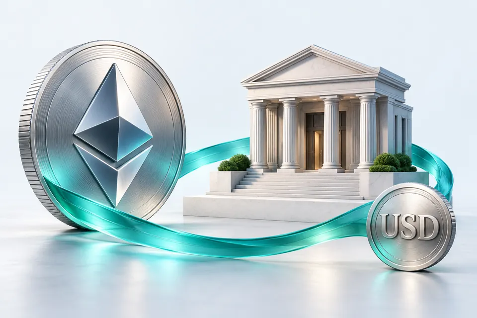 نمای مفهومی تبدیل ETH به USD در حساب بانکی