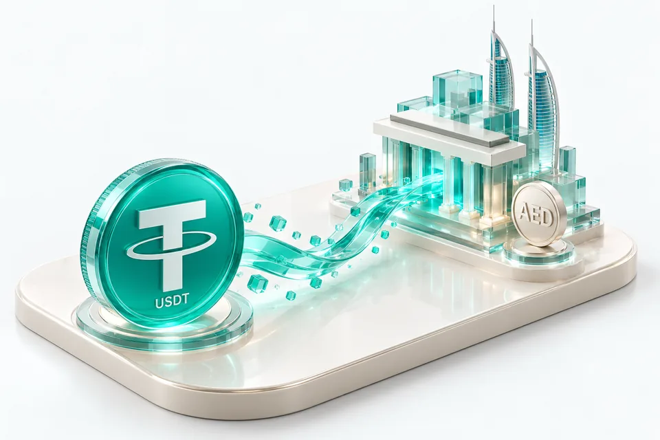 نمای مفهومی تبدیل USDT به AED در حساب بانکی