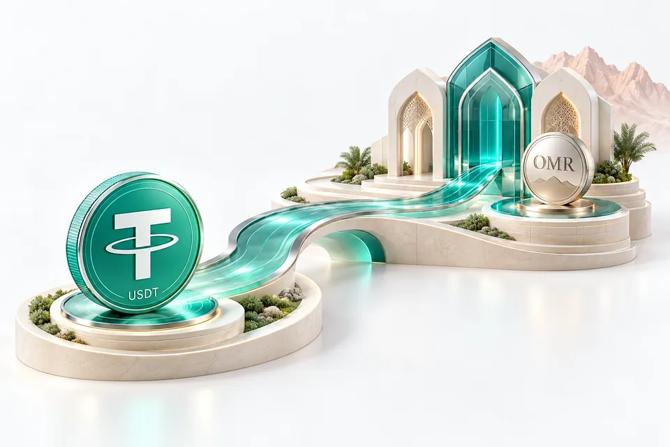 نمای مفهومی تبدیل USDT به OMR در حساب بانکی